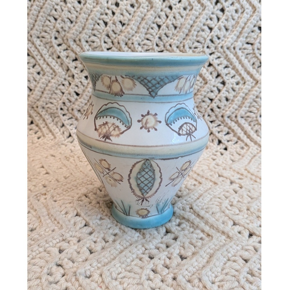 Geza Gorka Pottery Vase Mid Century Hungarian Studio Ceramic Turquoise Cream 6"